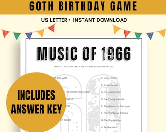 Frågesport om musik från 1966 | Utskrivbart spel för 60-årsfest | Frågesport om 60-årsfest | Utskrivbart födelsedagsfrågesport | 60-årsdag