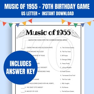 Musik von 1955 Quiz-Spiel | Druckbares 70er Geburtstagsspiel | 70er Geburtstagsparty Quiz-Spiel | Geburtstags-Trivia zum Ausdrucken | 70er Geburtstag