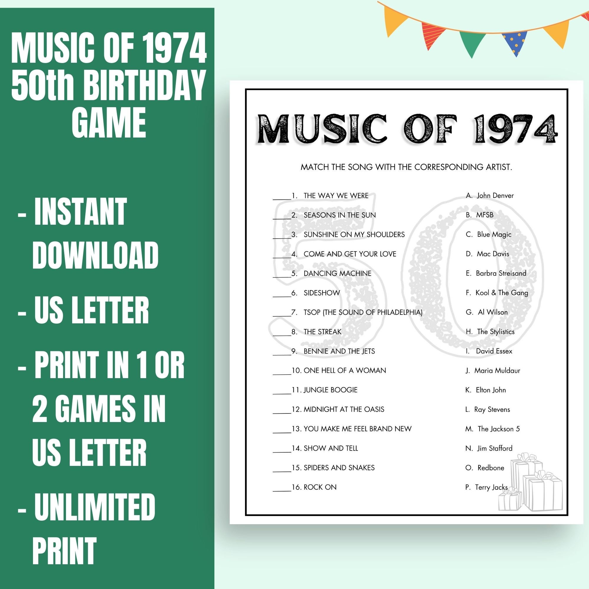 Music of 1974 Trivia Game Printable 50th Birthday Party Game 50th ...