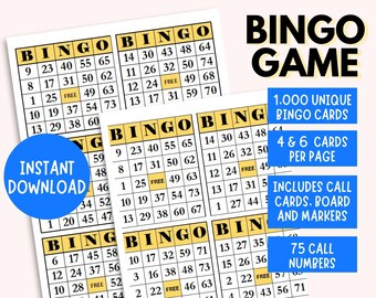 1000 cartones de bingo (temática amarilla) / 4 y 6 juegos por página / Descarga de PDF / Juego de fiesta divertido imprimible instantáneo / Juego de bingo imprimible