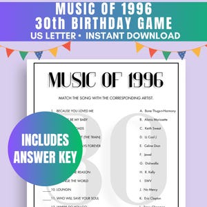 以下が含まれることがあります： 「Music of 1996 30th Birthday Game」と題された、白黒印刷可能なゲームシート。このゲームには、曲名とアーティストを組み合わせるアクティビティが含まれています。「Includes Answer Key」というテキストも表示されています。