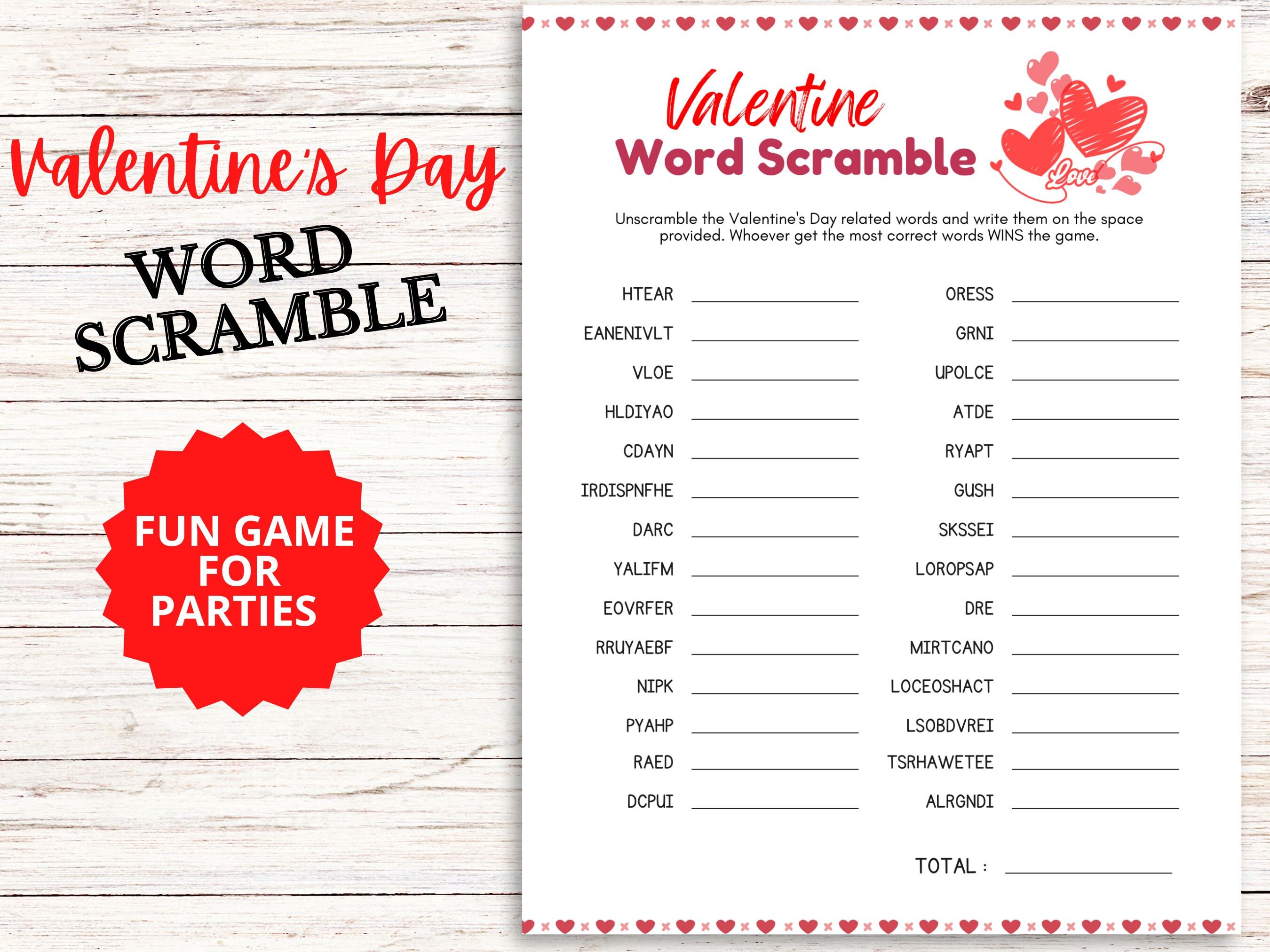 Valentines Day Word Scramble Printable Game Valentine Party Game Valentine Word Jumble Kids And