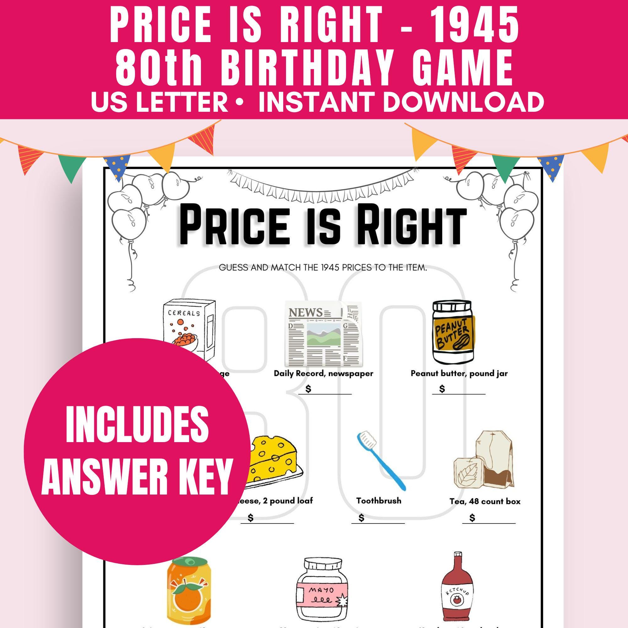 Price is Right 1945 Game | Printable 80th Birthday Party Game | 80th Birthday Party Trivia Game | Printable Birthday Trivia | Born in 1945