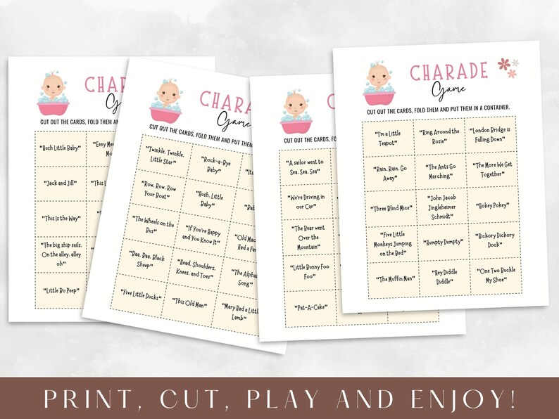 Baby Shower Nursery Rhyme Charades Game | Printable Charades Cards ...