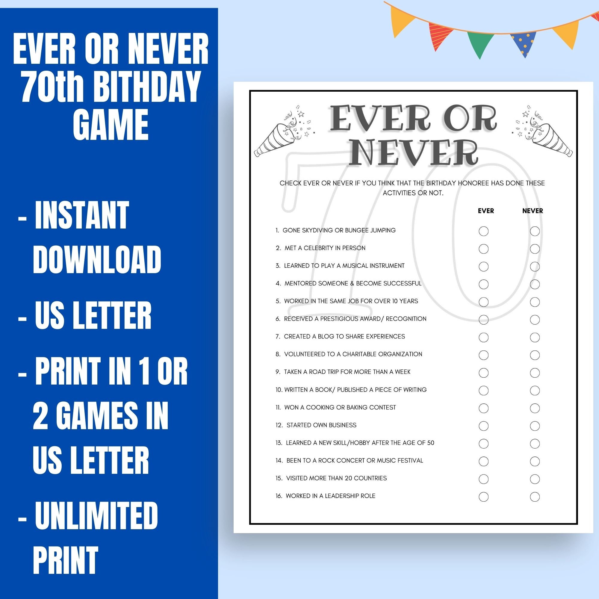 Ever or Never Birthday Game Printable 70th Birthday Party Game 70th ...