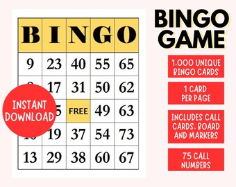 1000 cartones de bingo (temática amarilla) / 1 juego por página / letra grande / descarga de PDF / juego de fiesta divertido imprimible instantáneo / juego de bingo imprimible