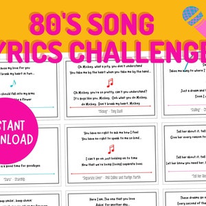 80’s Lyrics Challenge Game | Fast Thinking and Singing Game | Finish the Lyrics Game | Printable Game | Group Games | Reunion Singing Game