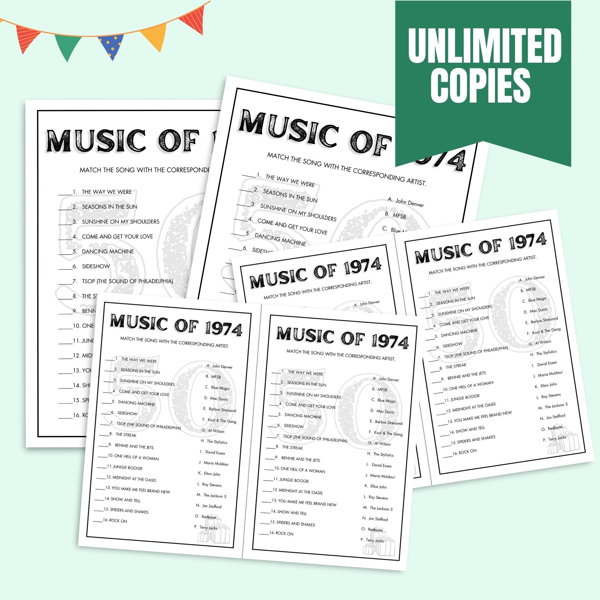 Music of 1974 Trivia Game Printable 50th Birthday Party Game 50th ...