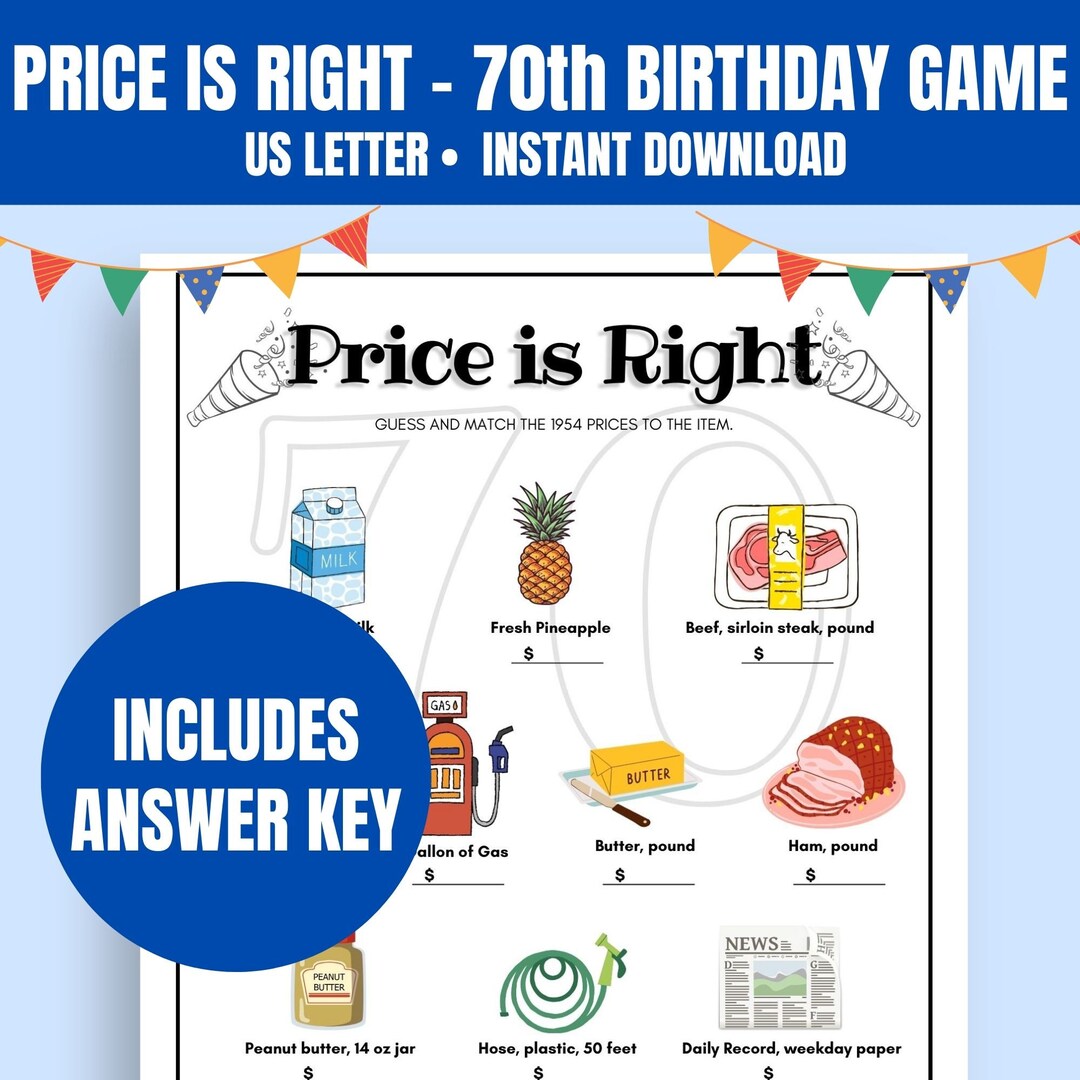 Price is Right 1954 Game Printable 70th Birthday Party Game 70th ...