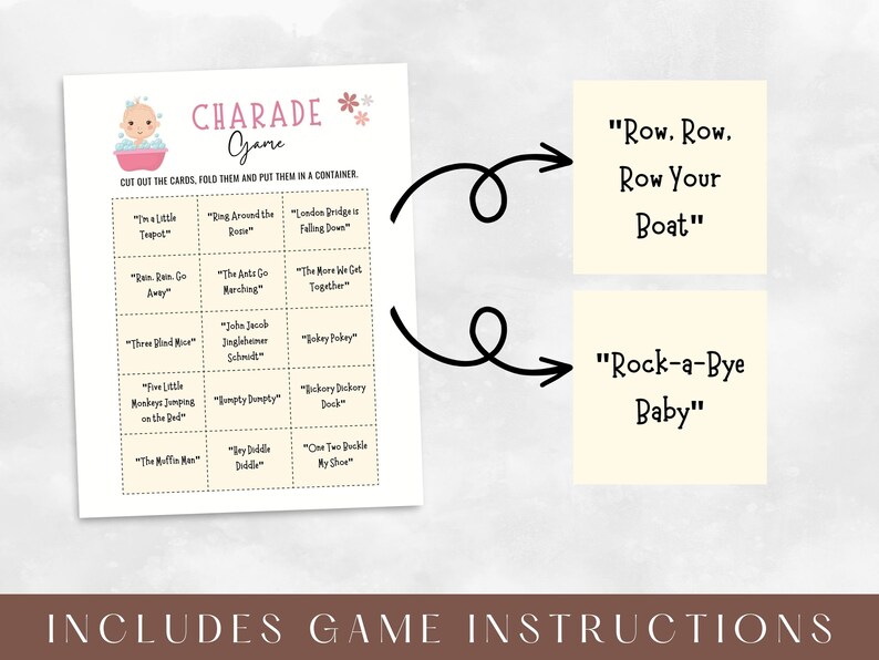 Baby Shower Nursery Rhyme Charades Game | Printable Charades Cards ...