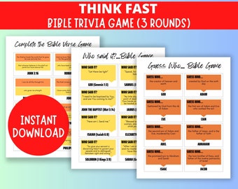 May include: A printable Bible trivia game with three rounds. The first round is a Bible verse completion game. The second round is a "Who Said It?" game with quotes from the Bible. The third round is a "Guess Who..." game with clues about different biblical figures.