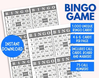 May include: A printable bingo game with 1,000 unique bingo cards, 4 & 6 cards per page, includes call cards, board and markers, and 75 call numbers. The bingo cards are black and white with a grey background.