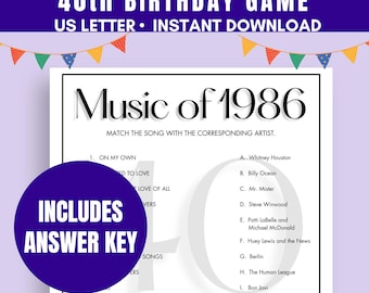 Music of 1986 Trivia Game | 40th Birthday Party Game | 1986 Birthday Party Trivia Game | Printable Birthday Trivia | 1986 Birthday Game