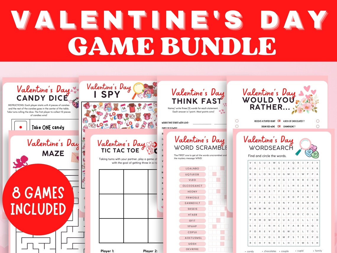 Valentine's Day Printable Games Valentines Games Bundle Valentines Kid ...