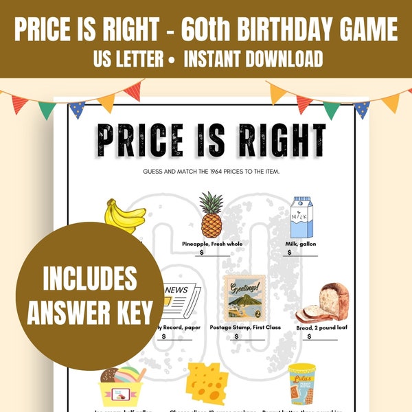 Price is Right 1964 Game | Printable 60th Birthday Party Game | 60th Birthday Party Trivia Game | Printable Birthday Trivia | Born in 1964