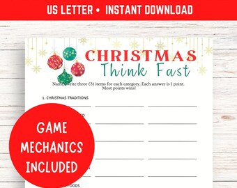 Think Fast Christmas Game | Icebreaker Games | Holiday Printable Games | Fun Christmas Game | Printable Christmas Game | Think Quick Game