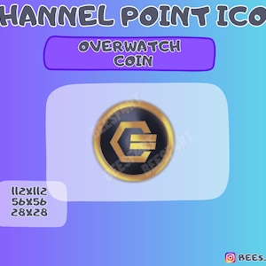May include: A gold Overwatch coin with a black background and a stylized letter "C" in the center. The coin is surrounded by a gold border. The text "OVERWATCH COIN" is written in a purple box above the coin.