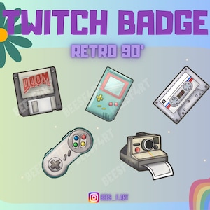 May include: A set of five retro 90's themed Twitch badges. The badges feature a floppy disk with the word "DOOM" on it, a Game Boy, a cassette tape, a video game controller, and a Polaroid camera.
