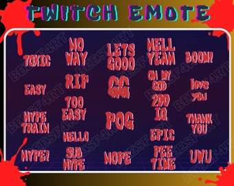 Op de afbeelding: Een verzameling van 18 rode Twitch-emotes met witte contouren op een zwarte en paarse achtergrond. De emotes omvatten "Toxic", "No Way", "Lets Goo", "Hell Yeah", "Boom", "Easy", "Rip", "GG", "Oh My God", "200 IQ", "Love You", "Hype Train", "Too Easy", "Fog", "Epic", "Thank You", "Hello Sub Hype", "Nope", "Pee Time" en "UwU".