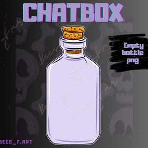 May include: A purple glass bottle with a cork stopper. The bottle is empty and has a white background. The text "CHATBOX" is written in purple and blue letters above the bottle. The text "Empty bottle png" is written in black letters on a black background to the right of the bottle.