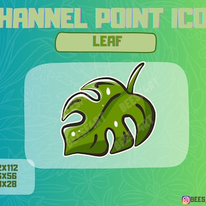 Puede incluir: Una hoja verde de monstera con manchas blancas, delineada en negro, sobre un fondo verde claro. El texto "LEAF" está en un rectángulo verde en la parte superior de la imagen. El texto "CHANNEL POINT ICON" está en la parte superior de la imagen en un rectángulo azul.