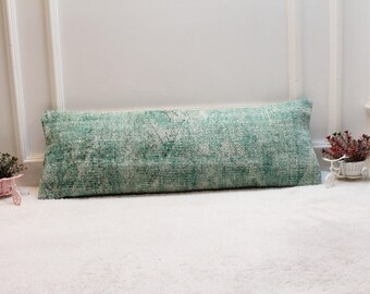 Poszewka na poduszkę lędźwiową w kolorze zielonym, turecki dywan vintage: 12 x 36 cali, kilim