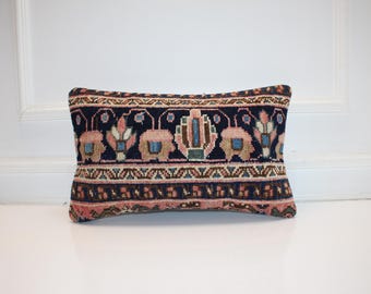 Heirloom Floral Kilim Lumbar Pillow Cover, Handwoven Turkish Rug Cushion, Romantic Cottage Accent 12x20