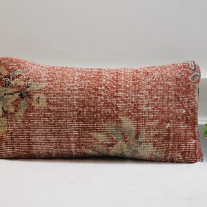 Handmade Red Kilim Lumbar Pillow Cover: Upcycled Woven Rug, 12x24 inch