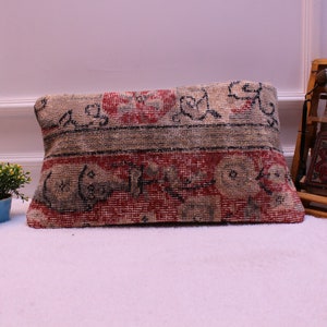 Vintage Turkish Rug Pillow Cover: Red Beige Kilim, 12x24 inch