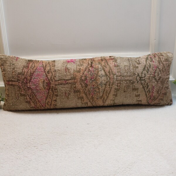 Almohada de alfombra turca vintage de colores marrones, funda de almohada larga de 12x36 inc, alfombra turca decorativa hecha a mano, funda de almohada de alfombra turca vintage