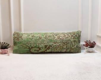 Zielony, zabytkowy turecki dywanik, poszewka na poduszkę lędźwiową, 12x36