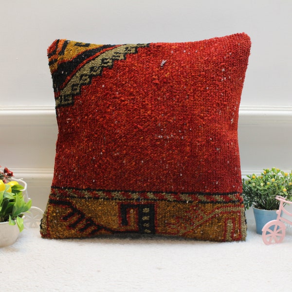 Handmade Kilim Pillow Cover: Upcycled Woven Rug, 16x16 inch