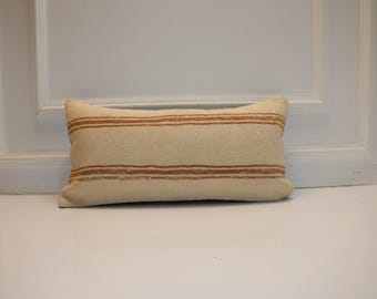 Boho Neutral Lumbar Pillow 12x24, Handwoven Turkish Kilim Pillow Cover, Minimalist Farmhouse Cushion