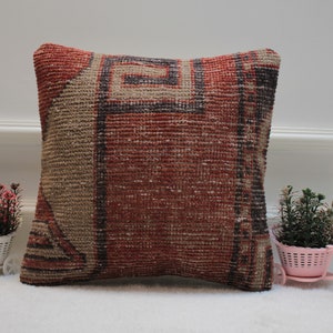 Federa per cuscino Kilim fatta a mano: tappeto intrecciato riciclato, rosso beige (16X16 pollici)