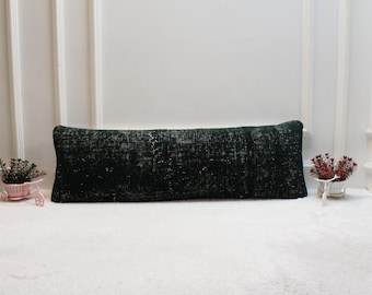 Ręcznie tkana wełniana poduszka lędźwiowa Kilim – ciemnozielona poduszka turecka (12x36 cali)