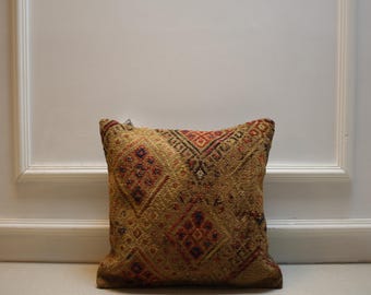 Vintage Turkish Kilim Pillow Cover: 16x16 Boho Tribal Cushion