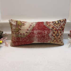 Vintage Turkish Rug Lumbar Pillow Cover: Red Beige Kilim, 12x24 inc
