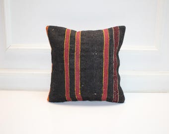 Vintage Turkish Kilim Pillow Cover, Black Striped Anatolian Rug Cushion, Rustic Boho Ethnic Accent Pillow(16x16 in)