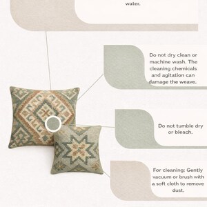 May include: Two decorative throw pillows with geometric patterns in shades of green, brown, and beige. The image includes care instructions: do not wash, dry clean, tumble dry, or bleach. Gently vacuum or brush to remove dust.