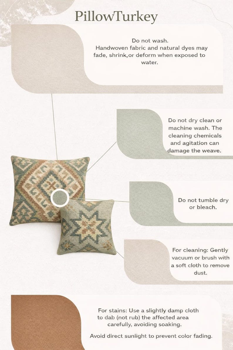 May include: Two decorative throw pillows with geometric patterns in shades of green, brown, and beige. The image includes care instructions: do not wash, dry clean, tumble dry, or bleach. Gently vacuum or brush to remove dust.