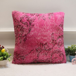 Handmade Kilim Pillow Cover: Upcycled Woven Rug, Pink & Black (16x16 inc)
