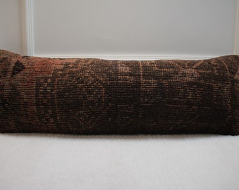 Handmade Turkish Rug Lumbar Pillow Cover: Red Wool Decor (12x36 in)