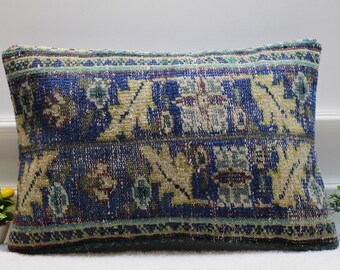 Handmade Kilim Lumbar Pillow Cover: Blue Vintage Rug, 16x24