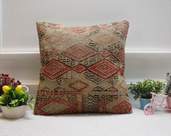 Handmade Kilim Pillow Cover: Geometric Woven Wool, 16x16 inch
