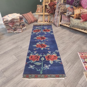Blue Floral Runner Rug: Handmade Wool Kitchen Carpet (1.9x6.2 Ft)