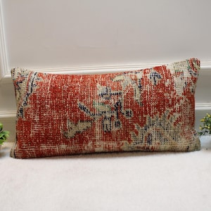 Handmade Red Floral Kilim Pillow Cover: Upcycled Woven Wool, 12x24
