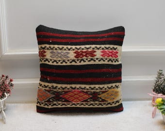 Ethnic Kilim Pillow Cover: 16x16 Square Turkish Wool Throw Pillow