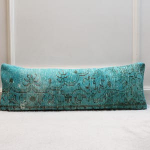 Vintage Turkish Rug Lumbar Pillow Cover: Turquoise Floral, 12x36 Boho Decor