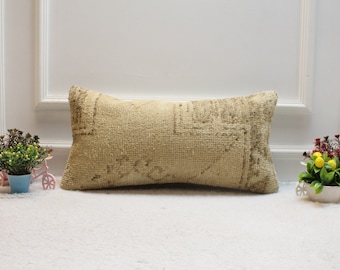 Handmade Beige Brown Rug Pillow: Upcycled Woven Lumbar Cover (12x24 in)