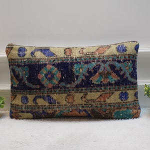Federa per cuscino con motivo floreale blu, per tappeto turco anatolico, 30x50 cm, per camera da letto, realizzata a mano, copricuscini
